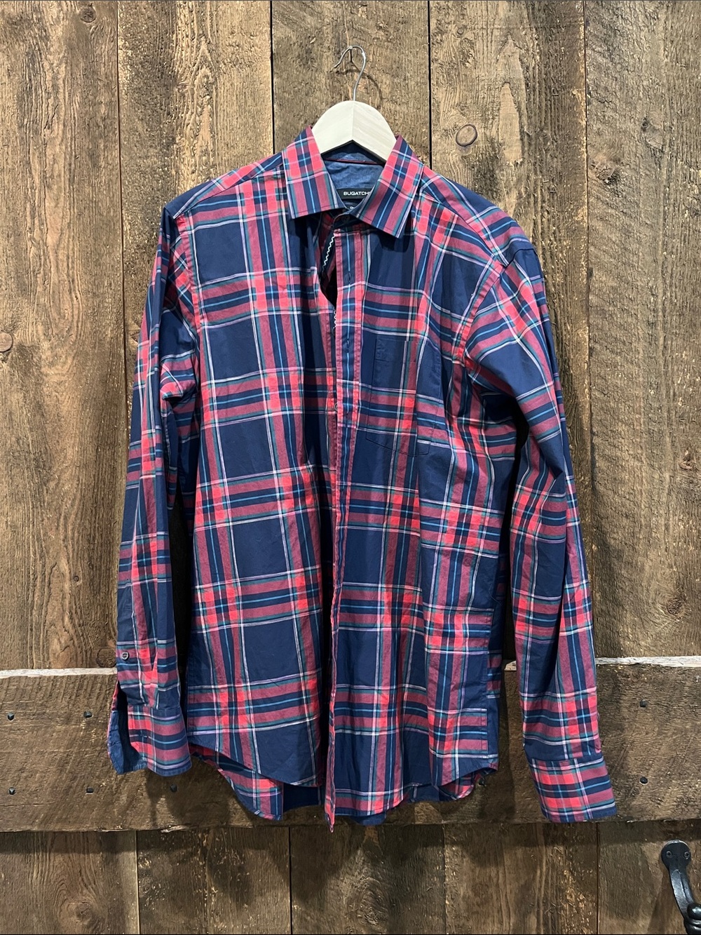 Bugatchi Navy & Red Plaid Cotton Button-Down Shirt